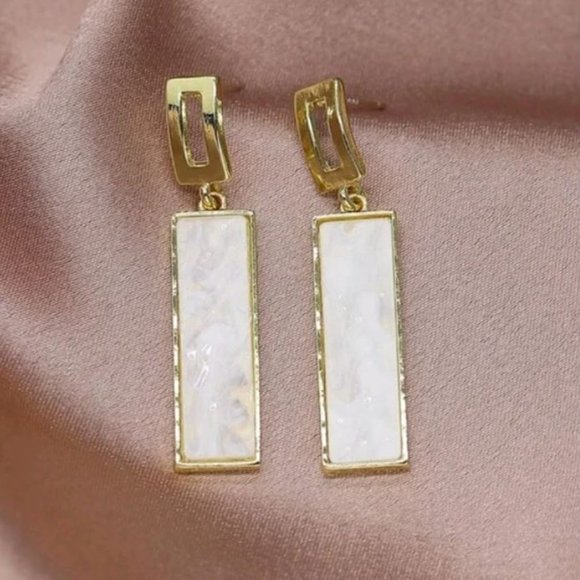 Geometric Rectangular White & Gold Drop Earrings | Minimalist Statement Jewelry - Picture 3 of 16